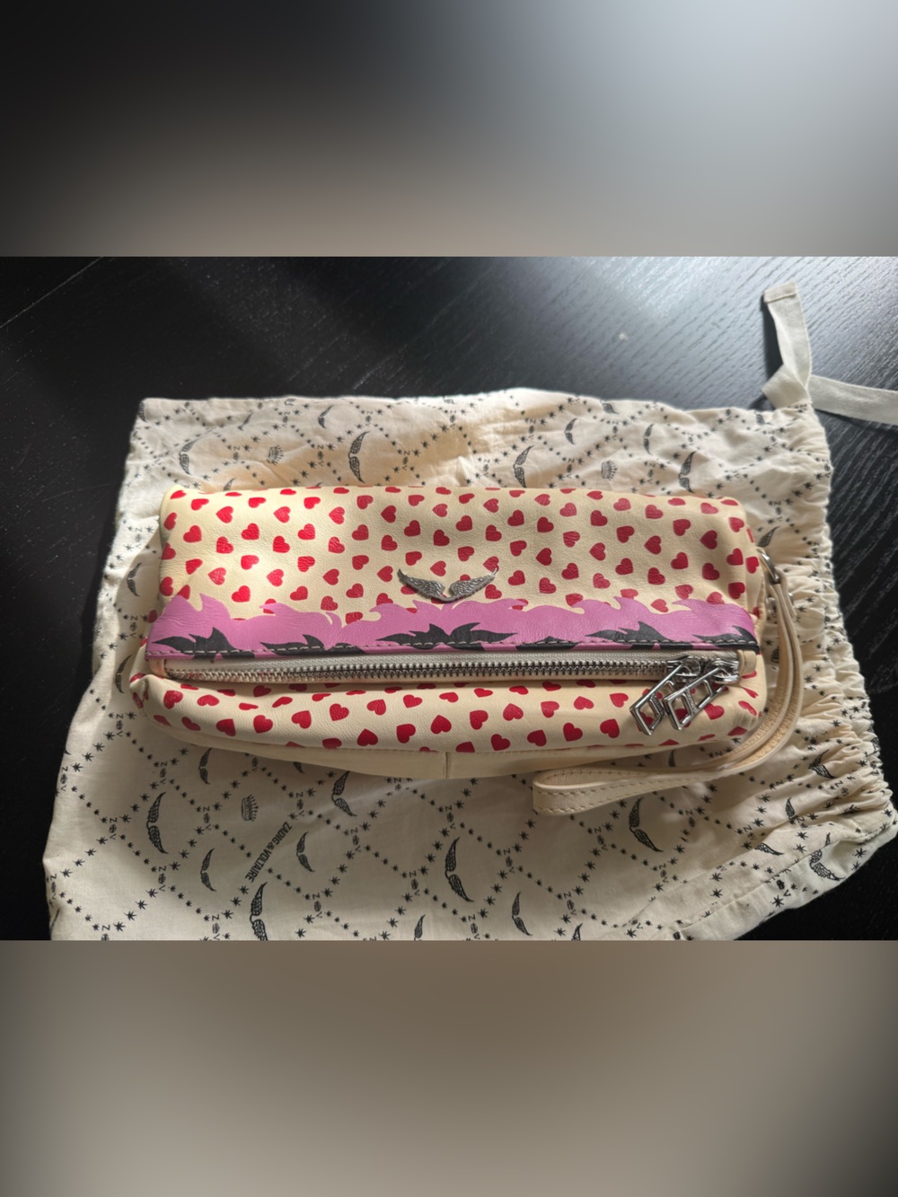 Zadig & Voltaire Cream Wristlet with Red Hearts and Pink Stripe